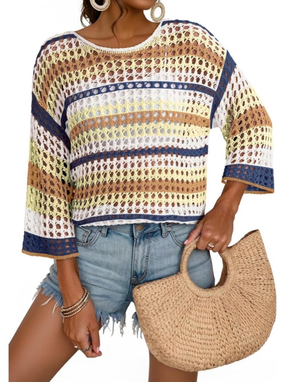 Women's Khaki Sleeve Crochet Sweater Hollow Block  Cover Ups Striped Tops
